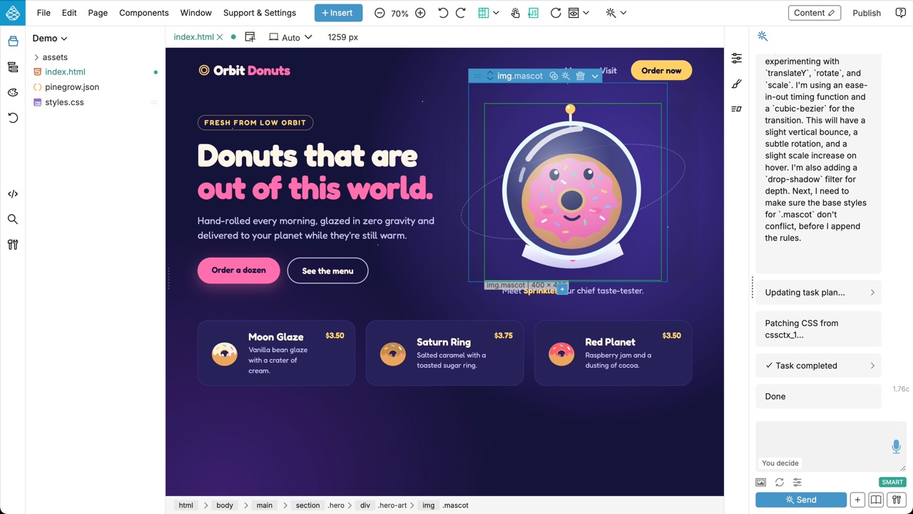 The AI Assistant adding a hover animation to a donut mascot on a bakery page