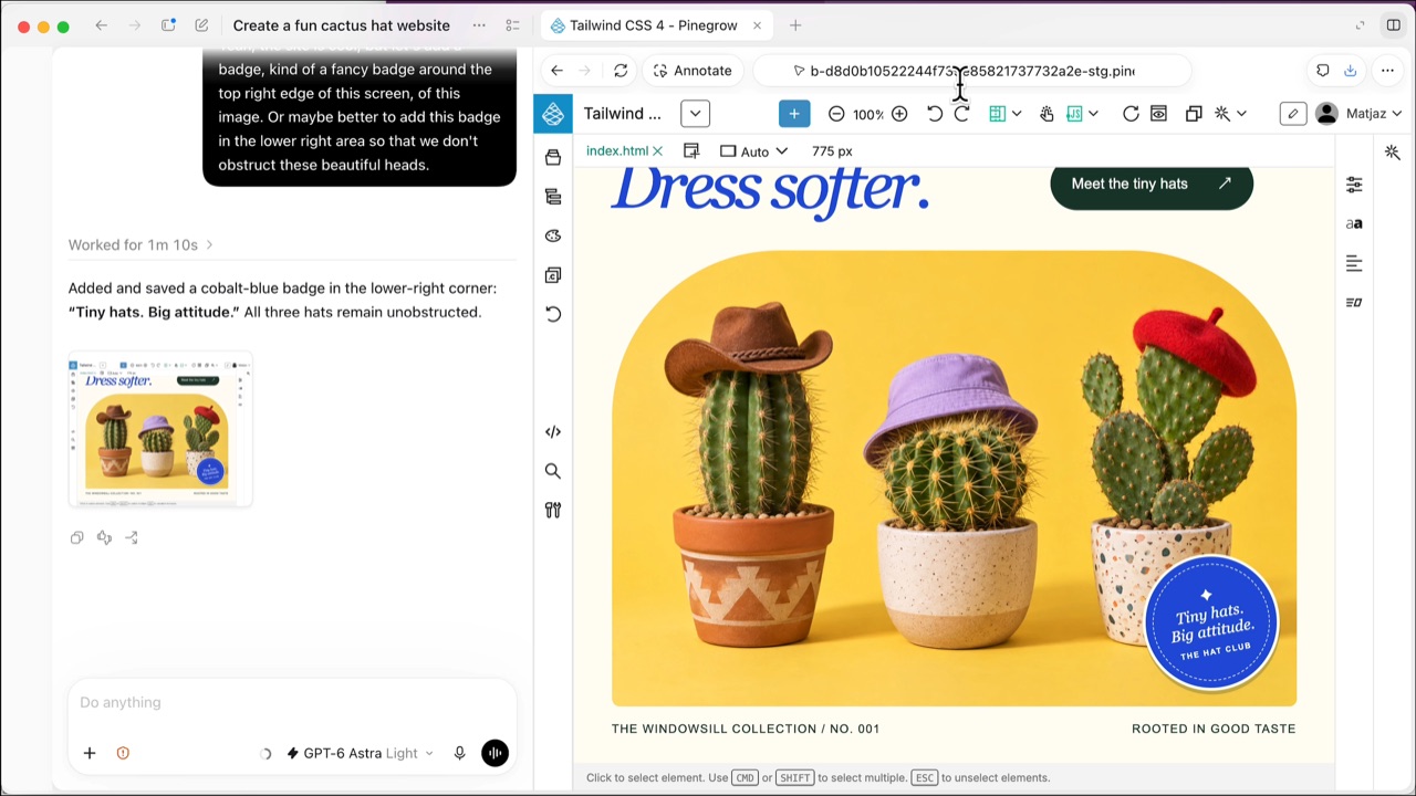 Codex chat on the left and Pinegrow Online on the right, where Codex added a badge to a cactus hat website