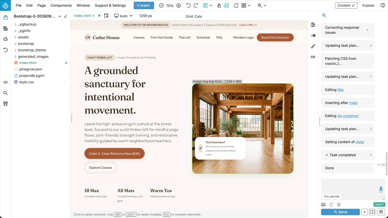 Create with AI: a yoga studio website generated with Bootstrap, open in the Pinegrow editor next to the AI Assistant task list
