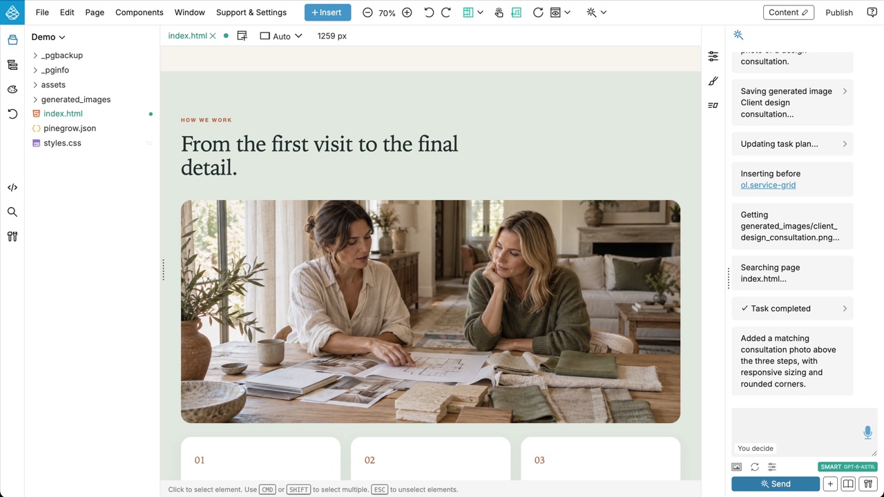 A photo of a design consultation that the AI Assistant generated and placed above the steps of an interior design page